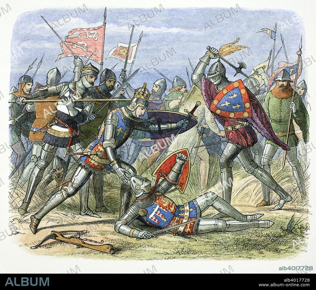 Henry V of England attacked by the Duke of Alencon at the Battle of Agincourt, 1415 (1864). One of the major battles of the Hundred Years War, Agincourt was a decisive victory for the English, led by King Henry V (1387-1422), over the French, commanded by Charles d'Albret, Constable of France. John I (1385-1415), Duke of Alencon, led a French counterattack during the battle. According to some accounts he succeeded in cutting an ornament from Henry's crown before being overpowered and killed by the King's bodyguard.
