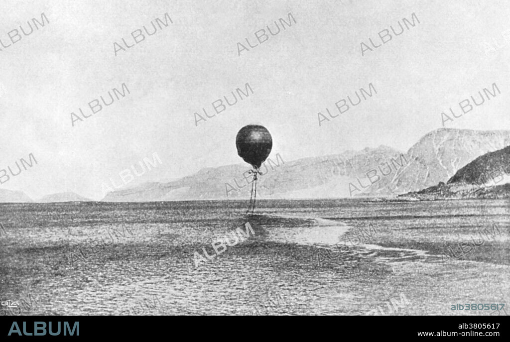 A photograph from 1897 showing Swedish balloonist S. A. Andree's attempt to reach the North Pole by air.  The journey ended in tragedy when the hydrogen balloon failed and was grounded after a couple of days in the air.  S. A. Andree (1854-97) and his companions, Nils Strindberg (1872-97) and Knut Fraenkel (1870-97), survived for three months before all three perished in the harsh Arctic terrain. The chance discovery in 1930 of the expedition's last camp yielded much information about their disastrous journey.