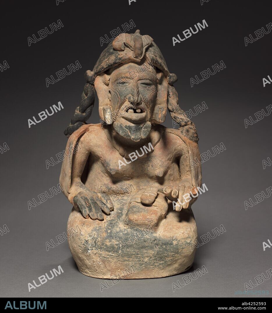 Elderly Figure, 600-900. Mexico, Campeche, Veracruz Monumental Sculpture Type. Molded and modeled pottery with gray, tan and black paint; overall: 34.3 x 21 x 21.4 cm (13 1/2 x 8 1/4 x 8 7/16 in.).