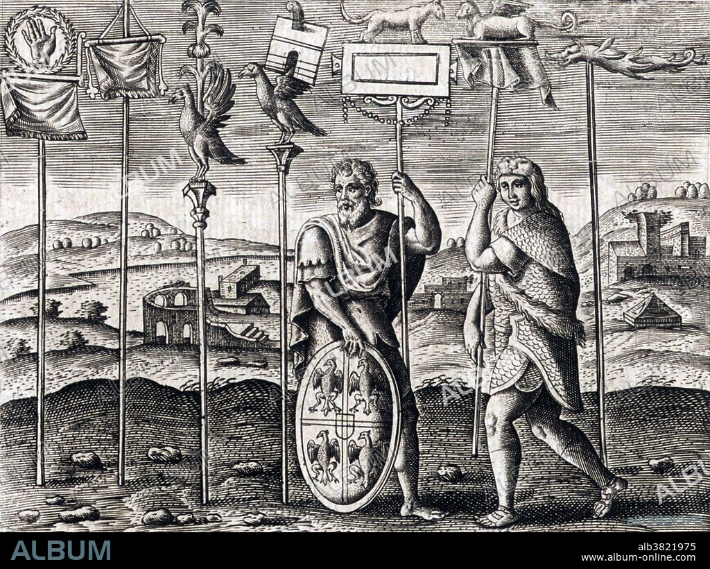 An aquila, or eagle, was a prominent symbol used in ancient Rome, especially as the standard of a Roman legion. A legionary known as an aquilifer, or eagle-bearer, carried this standard. Each legion carried one eagle. The eagle was extremely important to the Roman military, beyond merely being a symbol of a legion. A lost standard was considered an extremely grave occurrence, and the Roman military often went to great lengths to both protect a standard and to recover it if lost. The velites (lightly armed soldiers) wore no armor at all, except a plain helmet. Sometimes decorated with wolf skin or some other unique mark so that the centurions could recognize them from a distance and judge their skill in battle. Image from page 181 of "De militia Romana libri qvinqve : commentarivs ad Polybivm" by Justus Lipsius, 1602 edition.