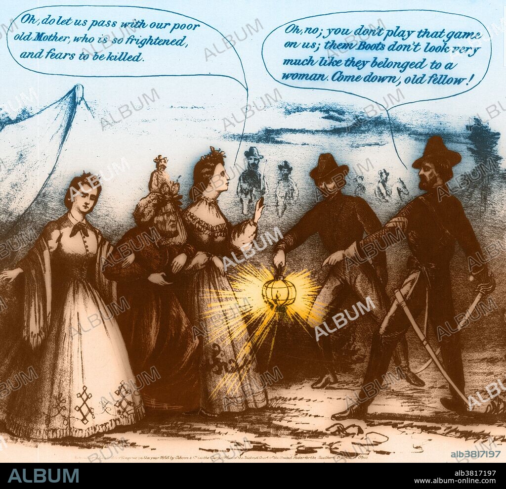 Color enhanced cartoon of the capture of Jefferson Davis. President Jefferson Davis met with his Confederate Cabinet for the last time on May 5, 1865, in Washington, Georgia, and the Confederate government was officially dissolved. He was captured on May 10, 1865, in Irwinville, Georgia. In the confusion, Davis put his wife's overcoat over his shoulders and attempted to flee the Union soldiers, leading to caricatures of him being captured disguised as a woman. In this political cartoon of the time three women are surrounded by Union soldiers. Jefferson Davis is depicted as an old woman, hiding his bearded face behind a veil and being held up by two women. The dialogue bubble over the women's heads reads: "Oh, do let us pass with our poor old Mother, who is so frightened and fears to be killed." But an observant Union soldier points at the "woman's" boots. The dialogue bubble above the soldiers head reads: "Oh no, you don't play that game on us, them boots don't look very much like they belonged to a woman, Come down, old fellow!".
