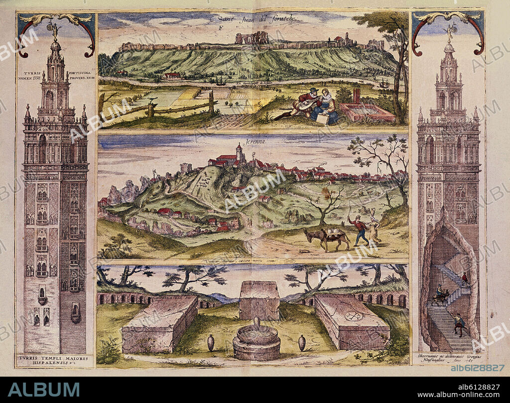 GEORG BRAUN 1541-1622 / FRANS HOGENBERG. Map of Forata and Jeresa from 'Civitates Orbis Terrarum' - 1565 - coloured engraving.