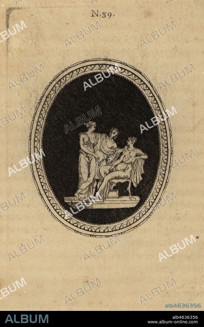 Agrippina Minor tries to seduce her son Emperor Nero, but he rejects her and chooses the freedwoman Claudia Acte. Agrippine, pour recouvrer son autorite, offre ses charmes a son fils: celui-ci est sure le point den jour, mais Acte, sa concubine, lentraine et se fait donner la preference. Copperplate engraving from Pierre-Francois d'Hancarvilles Monumens de la Vie Privee des Douze Cesars, Chez Sabellus, Capri (Monuments of the Private Lives of 12 Caesars, Leclerc, Nancy) 1780. From imaginary Spintria, medals and cameos.