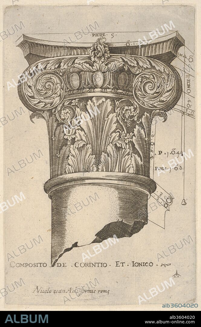 MASTER G. A.. Composite capital with measurements. Artist: Master G.A. (Italian, active ca. 1535). Dimensions: Sheet: 8 13/16 x 5 11/16 in. (22.4 x 14.5 cm)
Mount: 10 11/16 x 6 7/16 in. (27.2 x 16.3 cm). Date: ca. 1537.
Published as part of Antonio Lafreri's Speculum Romanae Magnificentiae (The Mirror of Roman Magnificence).  This print comes from a scrapbook of 3 volumes with inlaid engraved and etched plates.  It is likely that individuals who purchased the prints from Lafreri made their own selections and had them bound. For a history of the publication of the Speculum prints, see Peter Parshall, "Antonio Lafreri's Speculum Romanae Magnificentiae," Print Quarterly, 2001 (1-28).