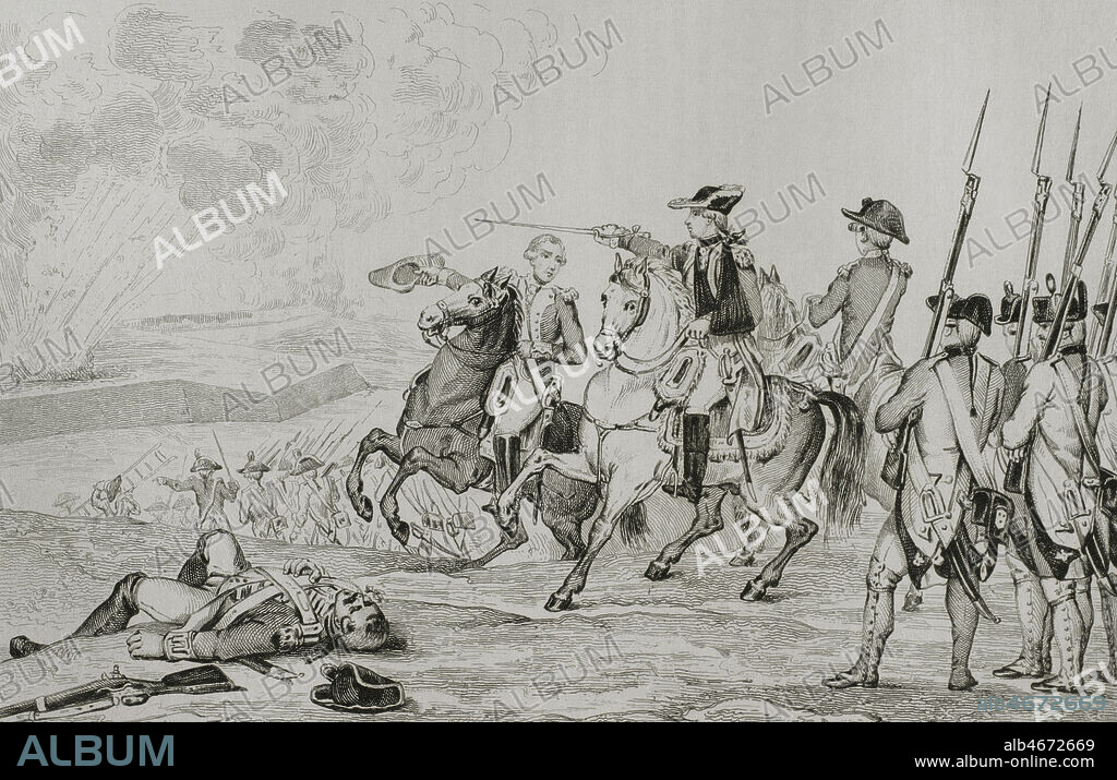 Revolución de las Trece Colonias. Guerra Anglo-Española (1779-1783). "Batalla de Pensacola" (marzo-mayo de 1781). Escena de la toma de Pensacola. Grabado por Vernier y Torlet. Panorama Universal. Historia de los Estados Unidos de América, por Roux de Rochelle. Edición española, impresa en Barcelona,1850.