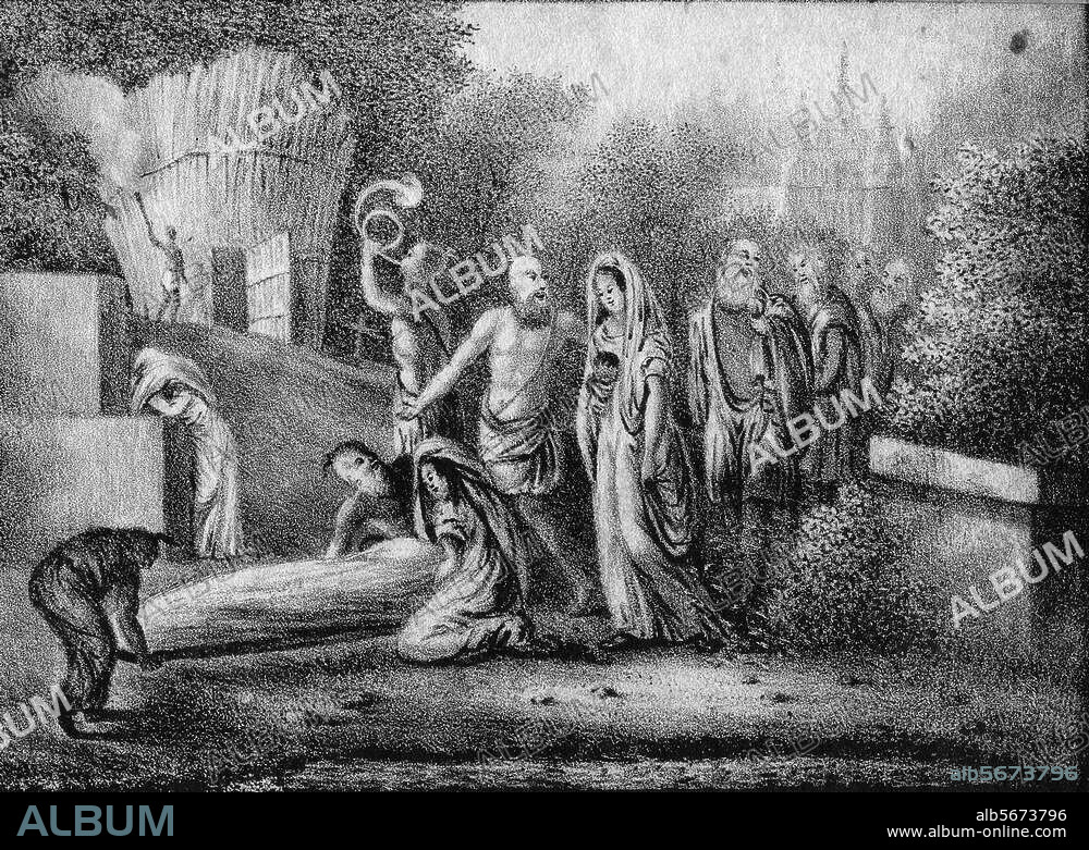 ANONYM. Völkerkunde:. Indien. "Verbrennung indischer Wittwen". Kreidelithographie, unbez. Aus: Friedrich Justin Bertuch, Bilderbuch für Kinder, Weimar 1796-1834. 12,1 × 16,6 cm. Berlin, Sammlung Archiv für Kunst und Geschichte.
