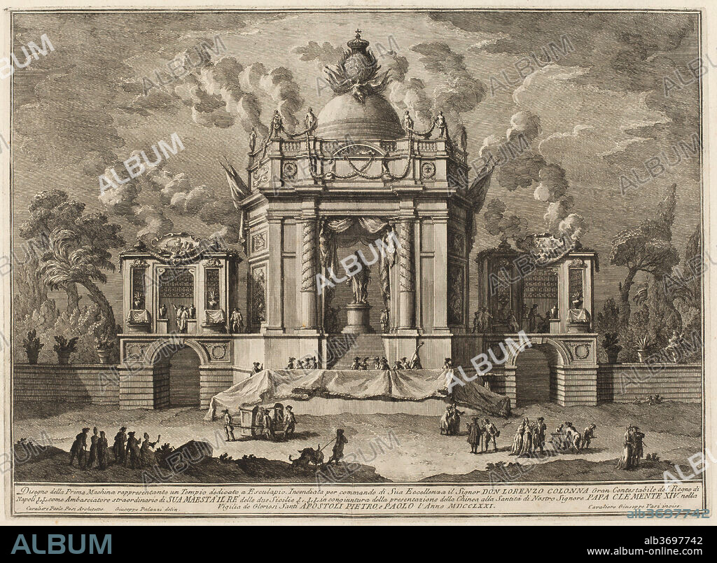 GIUSEPPE VASI AFTER GIUSEPPE PALAZZI (DESIGNER) AND PAOLO POSI (ARCHITECT). A Temple Dedicated to Aesculapius, for the "Chinea" Festival. Dated: 1771. Dimensions: plate: 40.1 x 55.3 cm (15 13/16 x 21 3/4 in.)  sheet: 45.4 x 66.6 cm (17 7/8 x 26 1/4 in.). Medium: etching on laid paper.