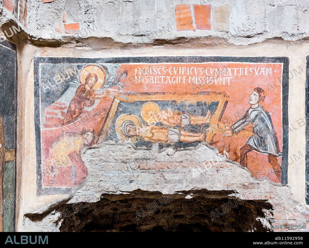 Julitta and Cyricus, VIII century, painting. Italy, Lazio, Rome, Colosseum Archaeological Park. The two saints are lying on a bench held by two executioners; on the left, the blessing Redeemer appears between two angels (Credit Image: © Gaetano Alfano/Mondadori Portfolio via ZUMA Press).