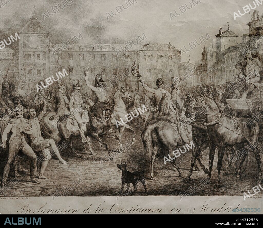 Historia de España. Trienio Liberal (1820-1823). Proclamación de la Constitución en Madrid, 1820. Litografía sobre papel de Godefroy Engelmann (1788-1839). Dibujo de Eugène Lami (1800-1890). Museo de Historia. Madrid. España.