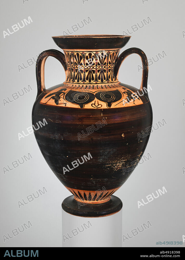 Attributed to the Antimenes Painter, Terracotta neck-amphora (jar), Greek, Attic, Archaic, Date ca. 525510 B.C., Greek, Attic, Terracotta; black-figure, Overall: 14 7/8 x 10 3/16in. (37.8 x 25.8cm), diameter of mouth 6 5/8in. (16.8cm), Vases.