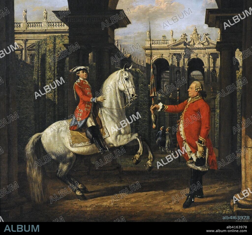 Bernardo Bellotto llamado Canaletto el Joven (1721-1780). Pintor italiano. El Coronel Koenigsfels dando una lección de equitación al Principe Józef Poniatowski, 1773. Museo Nacional de Varsovia. Polonia.