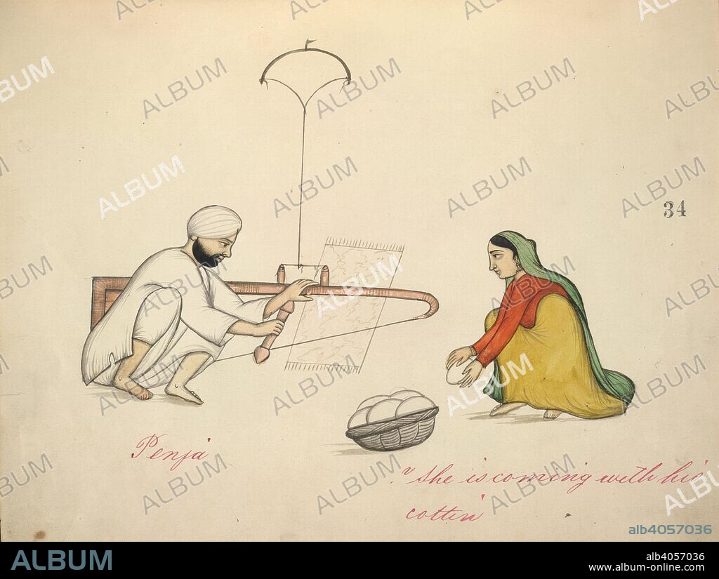 Carding cotton. c.1860. Carding cotton. Watercolour.  Originally published/produced in c.1860. . Source: Add.Or.1430,.