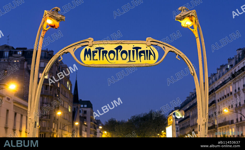 Art deco Metropolitain (subway) sign, Paris, France, Europe.