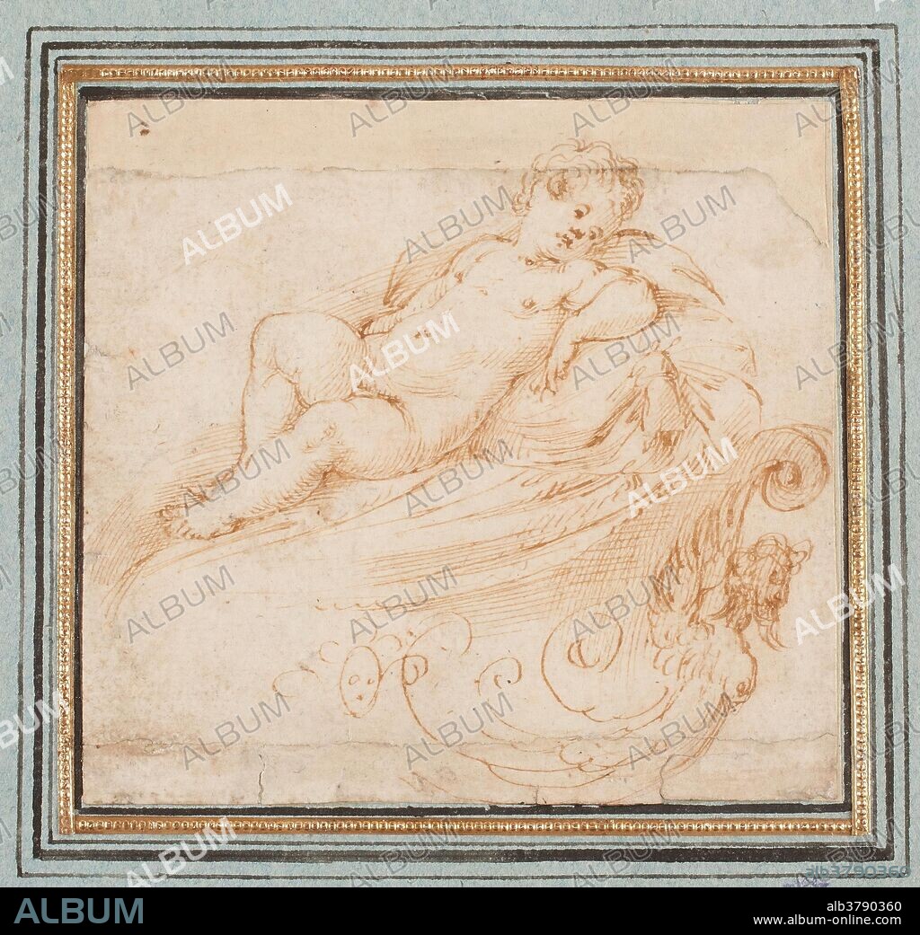 Anonymous (Circle of Parmigianino. Girolamo Francesco Maria Mazzola) / 'Nude infant reclining'. First half of the XVI century. Pencil, Grey-brown ink on cream paper.