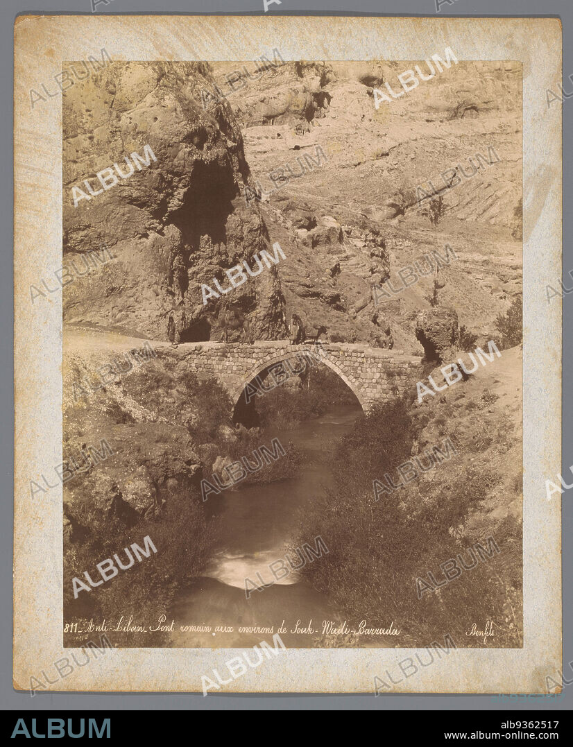 View of a roman bridge in the Anti-Lebanon Mountains, Pont romain aux environs de souk, Wadi Barrada (title on object), Bonfils (mentioned on object), Libanon, 1850 - 1900, cardboard, albumen print, height 322 mm × width 261 mm.