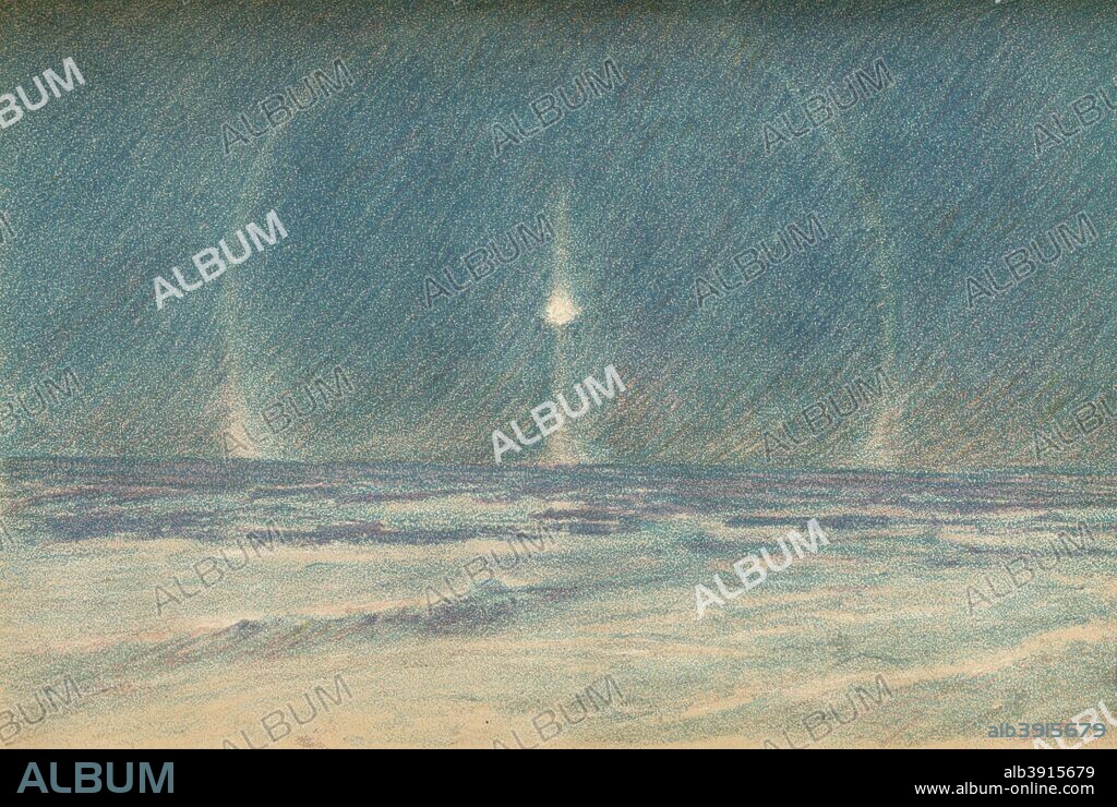 'Light Phenomena in the Polar Night, 22nd November 1893', (1897). Pastel Sketch from Farthest North, Vol. 2 by Fridtjof Nansen. [Archibald Constable and Company, London, 1897].
