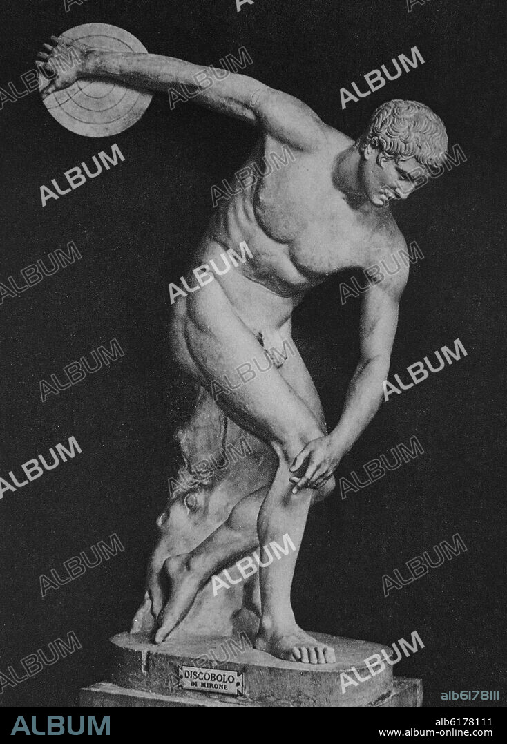 MIRÓN. EL DISCOBOLO - COPIA ROMANA EN MARMOL - ORIGINAL EN BRONCE DEL SIGLO V AC - GRABADO SIGLO XIX.
