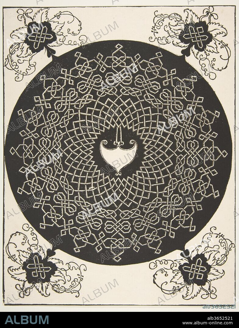 ALBRECHT DÜRER. "The Second Knot". Interlaced Roundel with an Amazon Shield in its Center. Artist: Albrecht Dürer (German, Nuremberg 1471-1528 Nuremberg); After Leonardo da Vinci (Italian, Vinci 1452-1519 Amboise) (or workshop). Dimensions: sheet: 10 3/4 x 8 3/8 in. (27.3 x 21.3 cm). Date: 1521 before.
Embroidery pattern made up out of so-called knot work. The main pattern has a circular shape and is presented in white on a dark ground. The knotted ropes or straps form two main tiers with different patterns surrounding the central motif which is a blank Amazon shield with curled up edges. On all four corners another, leaf-shaped ornament has been added which sticks out of the circle.  The leaves are filled with more knot work in white on the dark ground, and are surrounded by more leaf-shaped forms, combined with swirling straps in black.