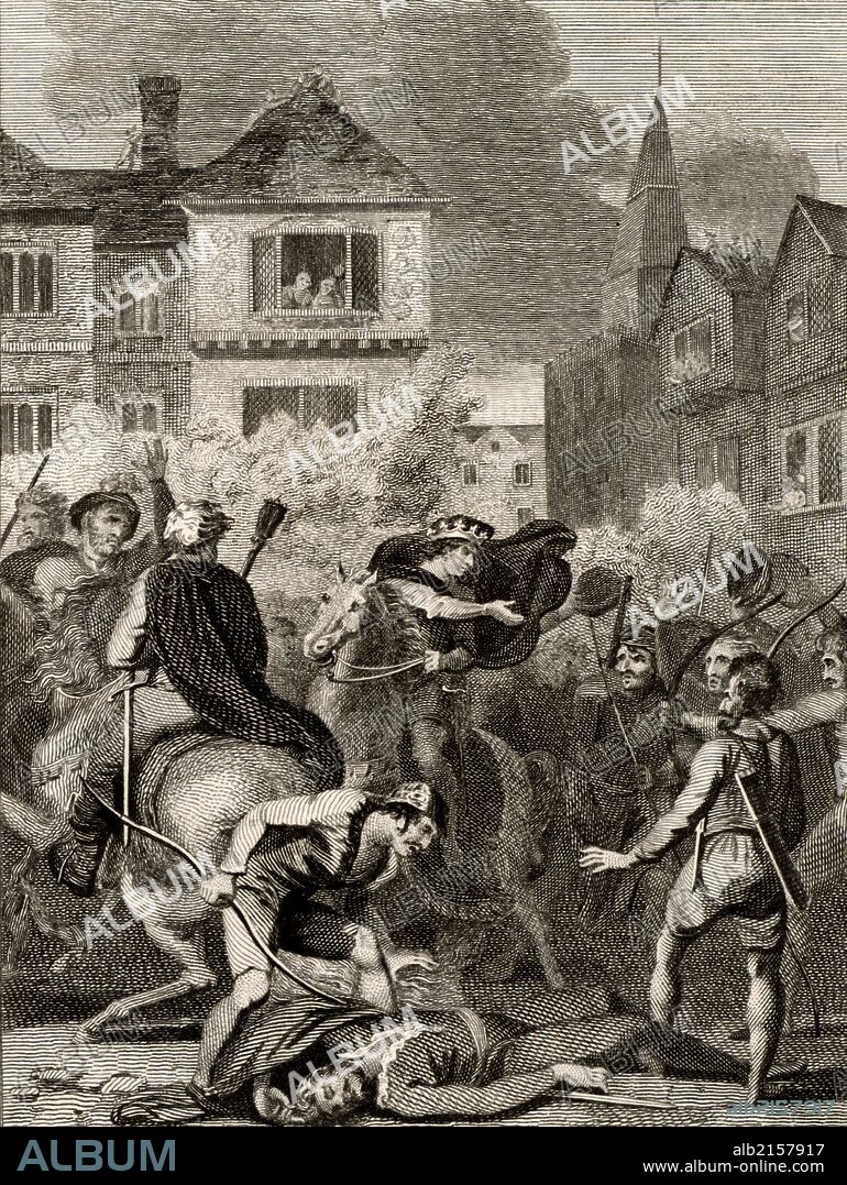 The Peasants' Revolt of 1381 in England began in Brentwood, Essex as a protest at the collection of poll tax and reached a climax at Smithfield, London. Richard II (1367-1800) met the Kentish peasants who, under Watt Tyler (d1381), were demanding the end of serfdom. During the meeting William Walworth (d1385) Lord Mayor of London, wounded Wat Tyler who was taken to St Bartholomew's Hospital but was later dragged out of the hospital and beheaded. Engraving c1831. (Photo by: Universal History Archive/UIG via Getty Images).