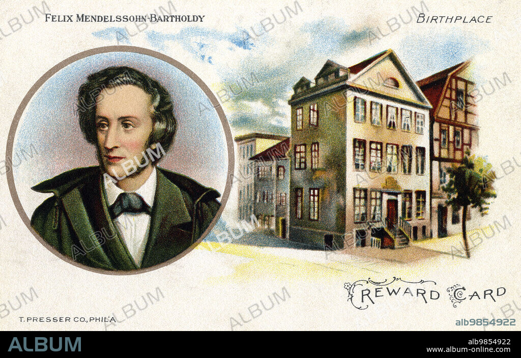 Felix Mendelssohn (1809-1847), German Composer, head and shoulders portrait, Illustrated Color Postcard, Unidentified Artist, T. Presser Company, Philadelphia.