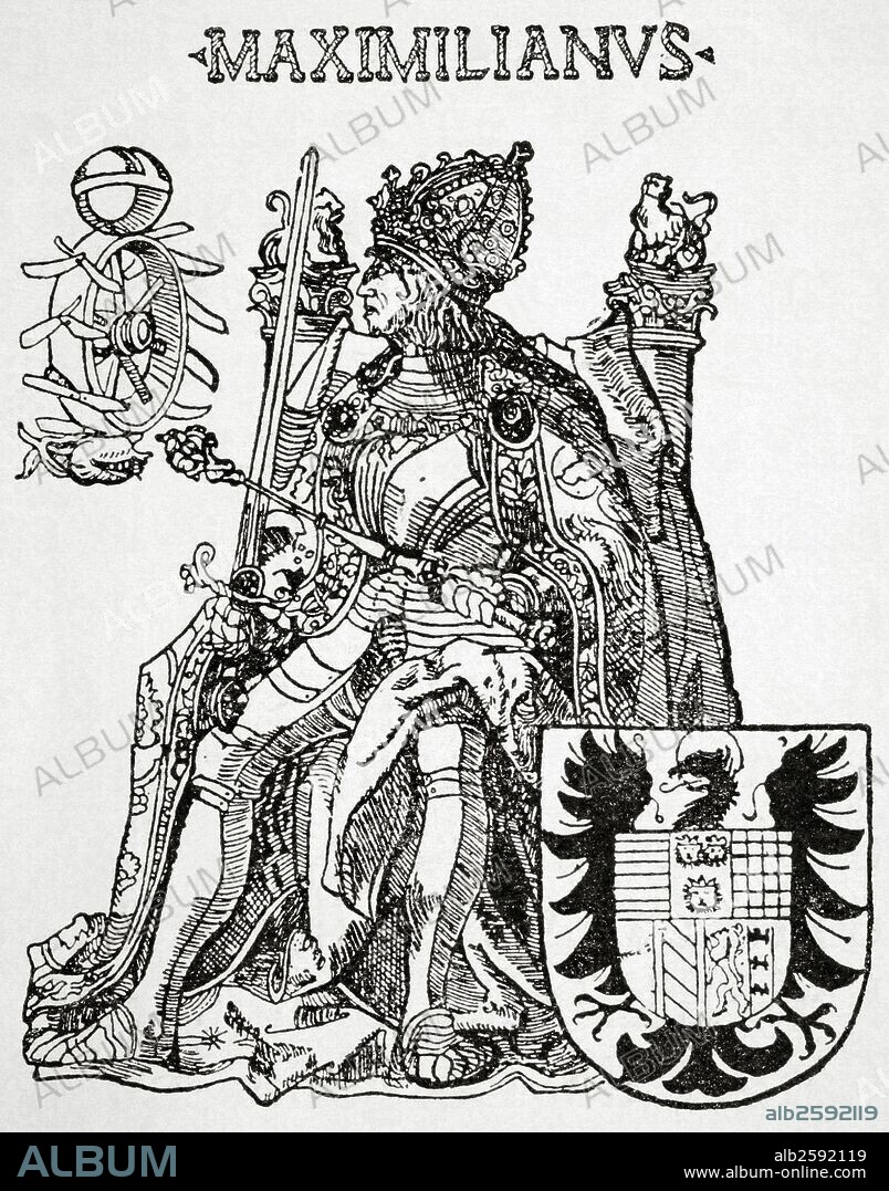 Maximiliano I de Habsburgo (1459-1519). Rey de Romanos y Emperador del Sacro Imperio Romano Germánico de 1486 hasta su muerte. Facsímil de un grabado de época. Historia Universal, 1881.