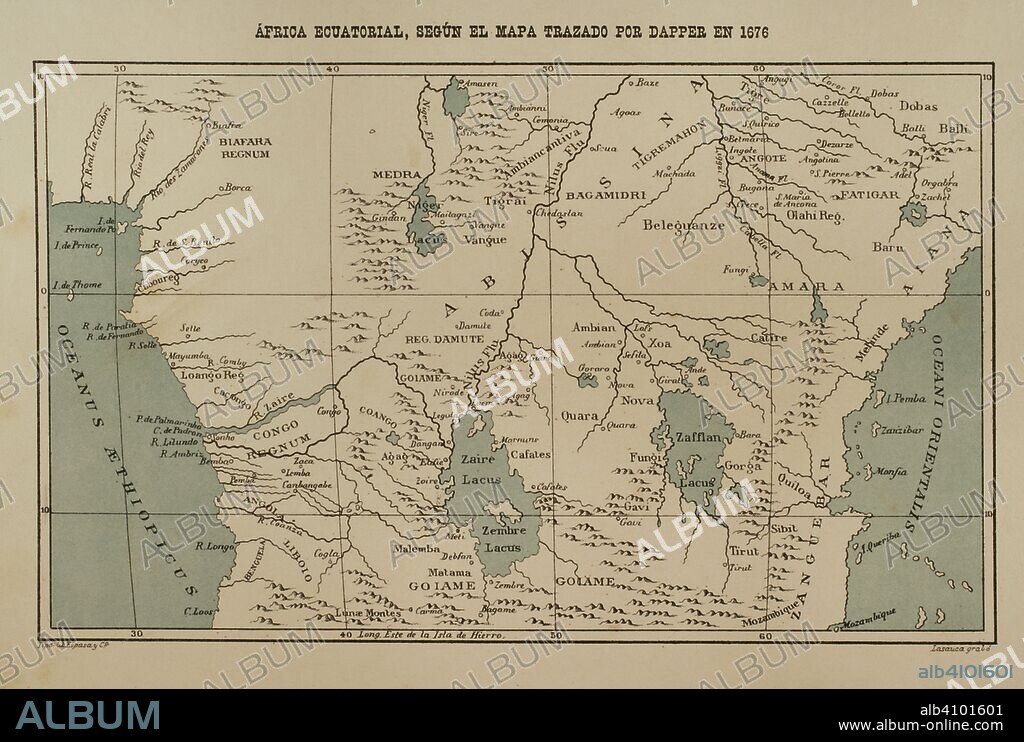 Africa Ecuatorial, según el mapa trazado por Dapper en 1616. Africa Inexplorada, El Continente Misterioso, por Henry Morton Stanley, h. 1887. Biblioteca Histórico Militar de Barcelona, Cataluña, España.