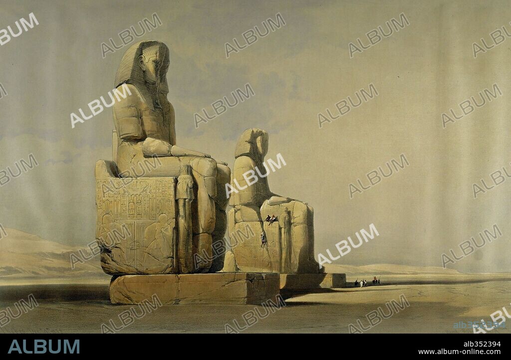 The memmon colossi statue of Amenphis III, lithograph by David Roberts,  1838.
