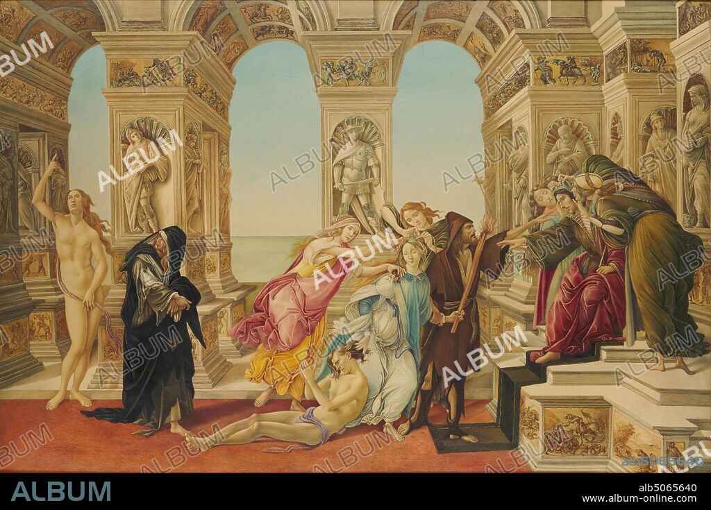 The Calumny of Apelles, 1870-1900 Artist Ericole Benussi (after Sandro Botticelli), Copy of the original Botticelli painting in Uffizi, Florence. It's based upon Lucian of Samosata's description of 'Calumny' by Apelles (a Greek painter of the Hellenistic Period)., 19th Century, Watercolour, Architecture, Frame, Nude, Female, Ancient Greece, Male, Works on Paper.
