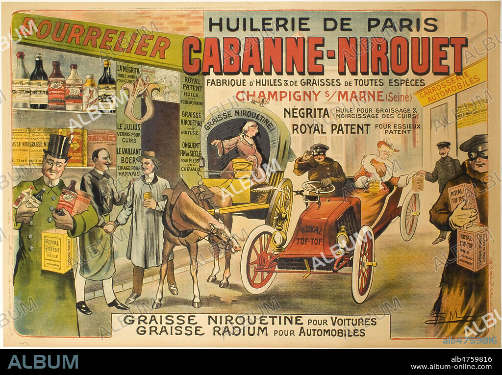 Affiche publicitaire ancienne, Fabrique d'huiles et de graisses pour moteurs d'automobiles. fin 19eme siecle, debut 20eme siecle. Credit Collection privee GalDoc/Grob/KHARBINE TAPABOR.