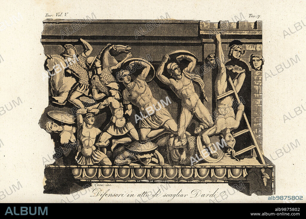Etruscan warriors hit by Greek arrows at the siege of Thebes. Etruscan warriors attempt to scale the walls of the city with ladders, shields. From an alabaster urn in the Volterra museum. Difensori in atto di scagliar Dardi. Handcoloured copperplate engraving by Corsi from Giulio Ferrarios Costumes Ancient and Modern of the Peoples of the World, Il Costume Antico e Moderno, Florence, 1843.