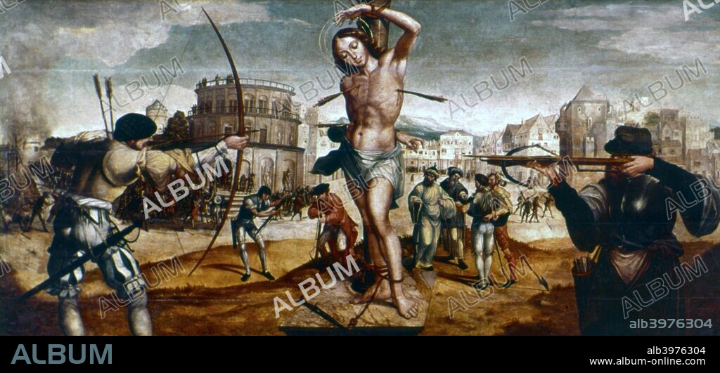 'The Martyrdom of St Sebastian', 16th century. Sebastian was born in Gaul and was a member of the Emperor Diocletian's Praetorian Guard. As a Christian he was sentenced to be executed by archers. He was left for dead but was nursed back to health. When Diocletian discovered that Sebastian was still alive, he ordered that he be clubbed to death. From the National Museum of Arts and Antiquities, Lisbon.