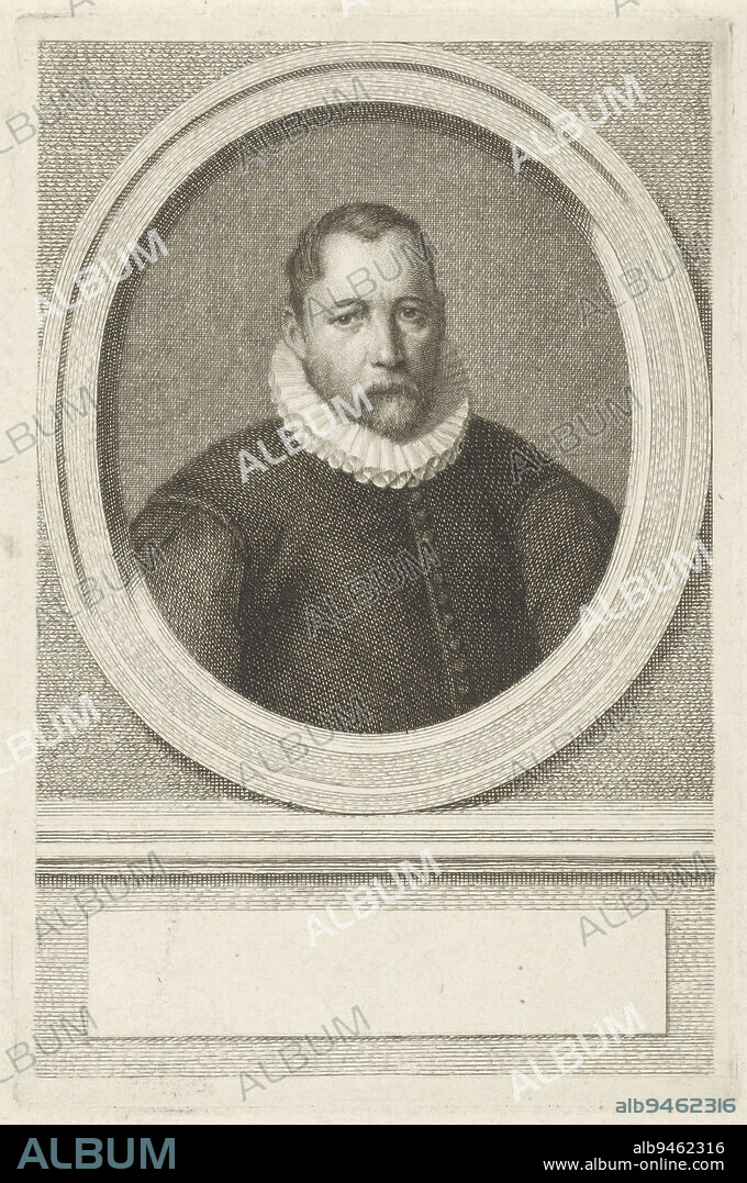 Portrait of the Haarlem mayor Pieter Janszoon Kies in an oval. The portrait rests on a plinth with an empty field for his name., Portrait of Pieter Janszoon Kies, print maker: Jacob Houbraken, after: Cornelis Ketel, Amsterdam, 1749 - 1780, paper, engraving, h 177 mm × w 118 mm.
