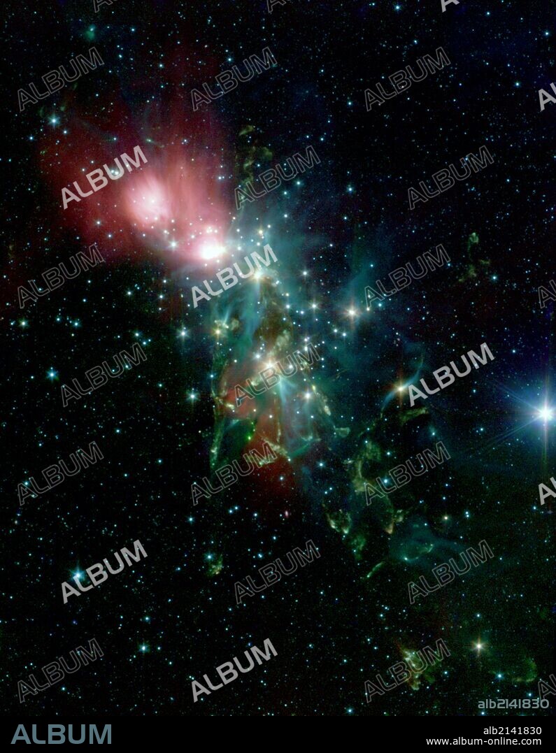 Located 1,000 light years from Earth in the constellation Perseus, a reflection nebula called NGC 1333 epitomizes the beautiful chaos of a dense group of stars being born. Spitzer Space Telescope.  (Photo by: Universal History Archive/UIG via Getty Images).