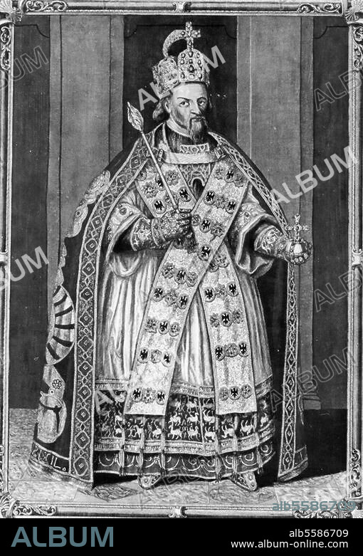 Ferdinand II, Holy Roman Emperor; King of Bohemia and Hungary; Graz 9.7.1578 - Vienna 15.2.1637. - Portrait in full coronation robes. - Copper engraving by Adam Delsenbach (1687 -1765) after contemporary portrait.