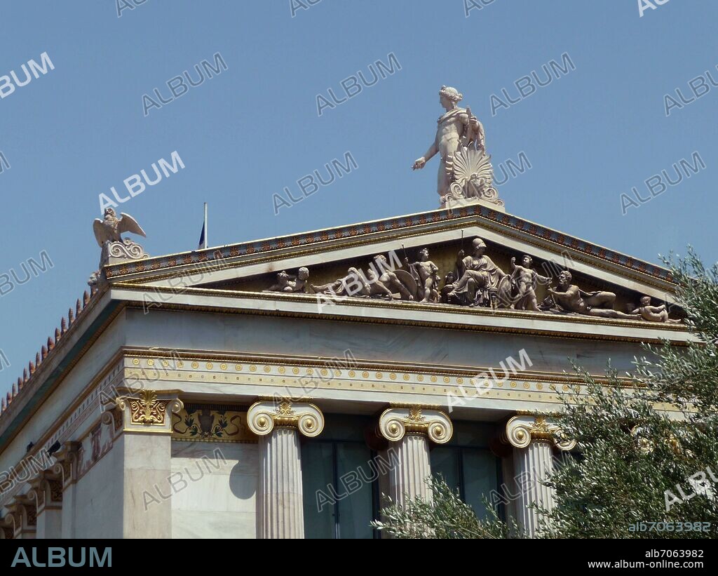 DROSIS LEONIDAS. FRONTON DE LA ACADEMIA NACIONAL DE ATENAS REPRESENTANDO A ATENEA - 1880 - NEOCLASICISMO GRIEGO - REALIZADO EN MARMOL.