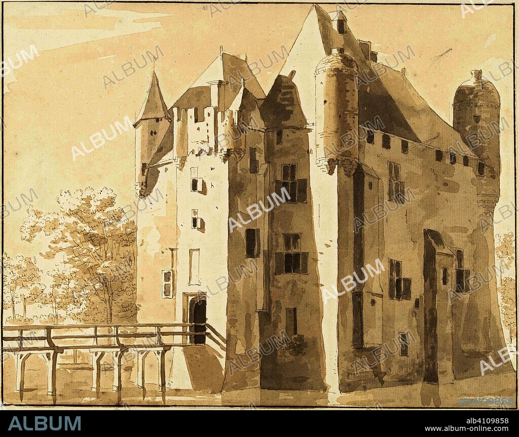 Castle Frissestein in Herwijnen, rear. Draughtsman: Cornelis Pronk (possibly). Intermediary draughtsman: Jan de Bisschop. Dating: 1701 - 1759. Measurements: h 213 mm × w 269 mm.