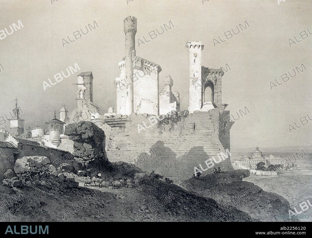 NAVARRA. OLITE. CASTILLO , PALACIO DE OLITE. GRABADO DE G. PEREZ DE VILLAAMIL.