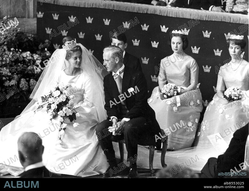 © SCANPIX, Stockholm, Sverige, 1961-05-25, Foto: Scanpix code 20360. The wedding of Princess Birgitta of Sweden (sister of King Carl Gustaf) to Johan Georg von Hohenzollern At right brides maits Princess Benedikte of Denmark Danmark and Princess Christina of Sweden.