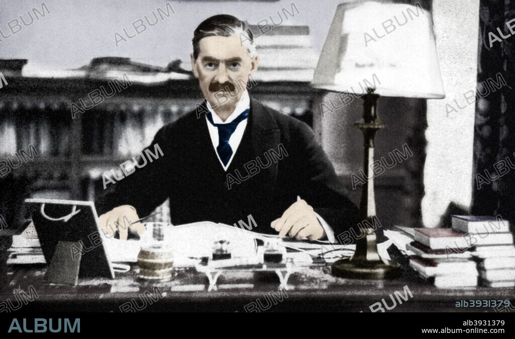 Neville Chamberlain (1869-1940), British prime minister, c1930s (1936). Following his election to parliament in 1918, Chamberlain served as postmaster general (1922-23), minister of health (1923, 1924-29, and 1931), and chancellor of the Exchequer (1923-24 and 1931-37) before he succeeded Stanley Baldwin as prime minister. His policy of appeasement toward Adolf Hitler's Germany culminated in the Munich Pact of September 1938, after which Chamberlain returned home proclaiming peace for our time. Later he recognized the failure of his policy and vowed support for Poland. After Germany's invasion of that country, Chamberlain led Britain into the war against the aggressor. He was forced to resign in May 1940 and was succeeded by Sir Winston Churchill. He served in Churchill's cabinet as lord president of the council until October 1940, when illness forced his resignation. He died the following month. From His Majesty the King, 1910-1935, introduction by HW Wilson (Associated Newspapers Ltd, London, 1936). (Colorised black and white print).