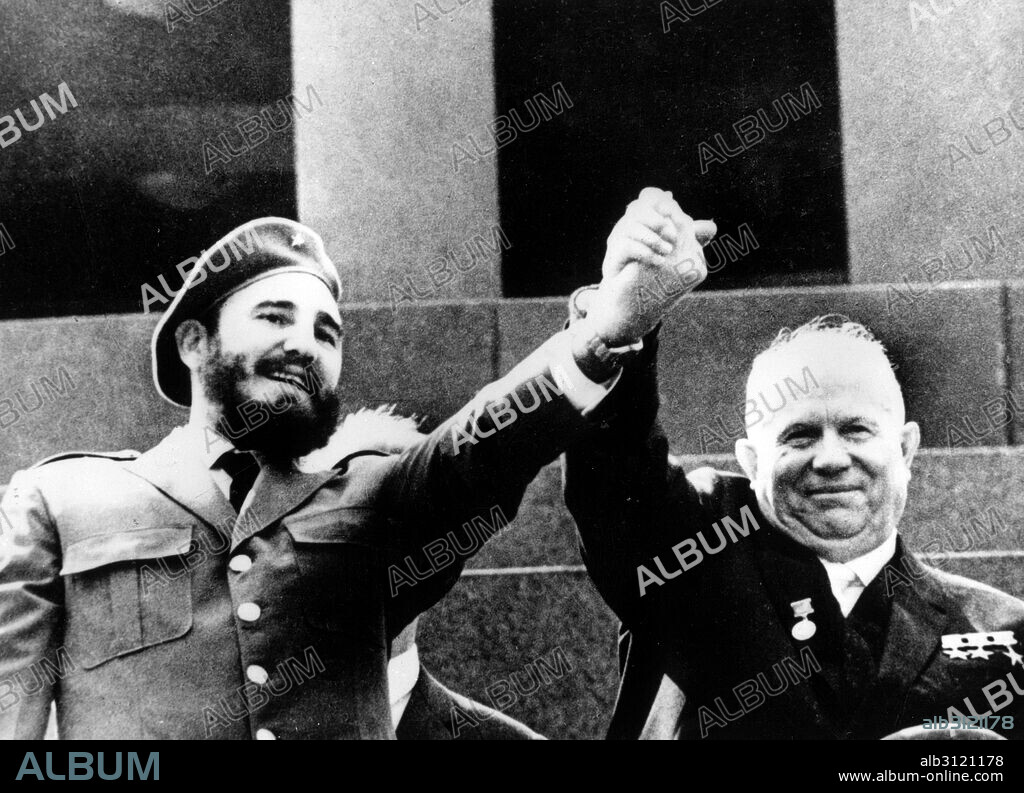 Photograph of Fidel Castro (1926-) and Nikita Khrushchev (1894-1971) in front of the tomb of Vladimir Lenin (1970-1924). Dated 1963.