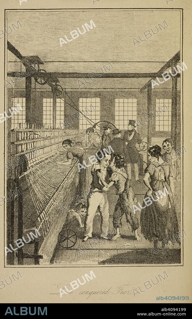 AUGUSTE HERVIEU and FRANCES MILTON TROLLOPE. "Love conquered fear." A scene in a factory, possibly a cotton mill. Two children embracing.  Illustration of scavengers and piecers at work. Scavengers had to pick up the loose cotton from under the machinery. The piecers collected up the broken threads and bound them. The life and adventures of Michael Armstrong, the factory boy / by Frances Trollope ; illustrated by twenty-four steel etchings by Hervieu. Newcastle-on-Tyne : Published by John Christie, 1876. Source: YA.1994.a.7128 plate opposite page 83.