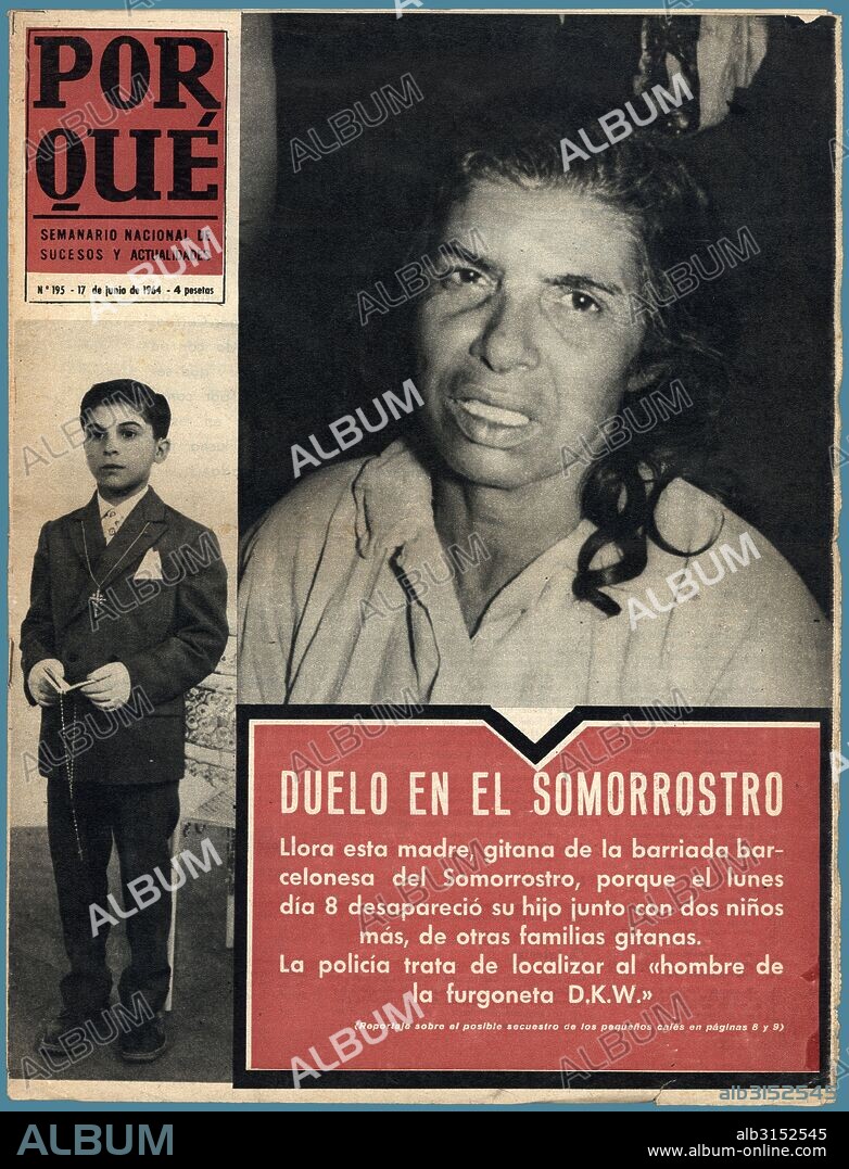 Portada del semanario de sucesos ¿Por qué?, editado en Barcelona, junio de 1964. Crónica sobre la desaparición de un niño de una familia gitana del Somorrostro.
