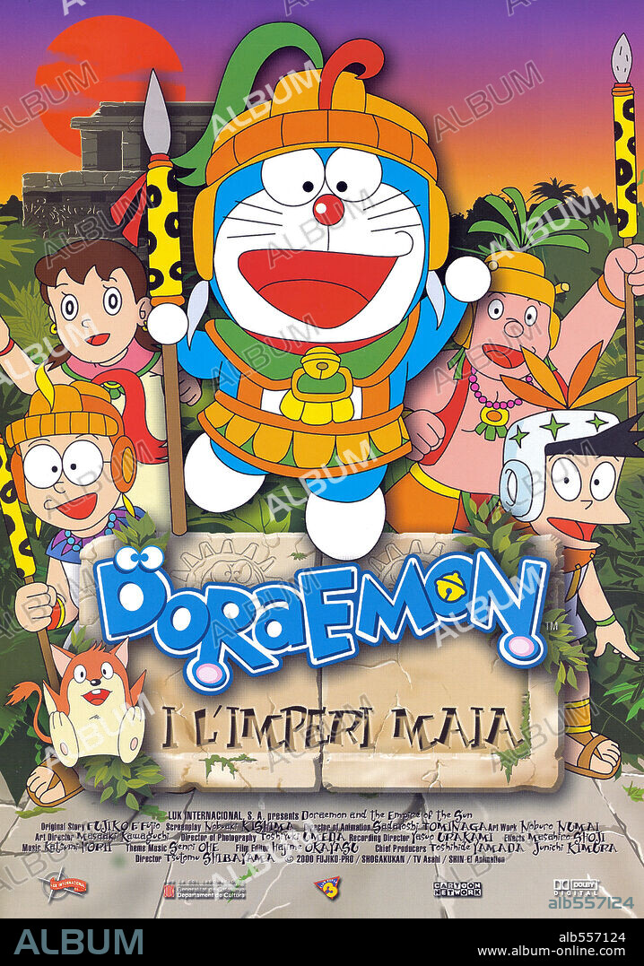 Poster de DORAEMON Y EL IMPERIO MAYA, 2000 (DORAEMON AND THE EMPIRE OF SUN), dirigida por TSUTOMU SHIBAYAMA. Copyright FUJIKO-PRO/SHOGAKUKAN/TV ASAHI/SHIN-EL ANIMATION.
