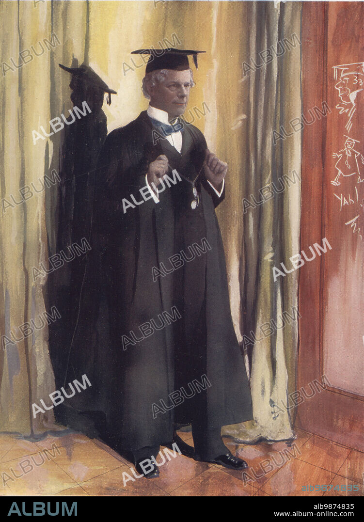 Edward Terry as the schoolmaster Robert Fanshawe in My Pretty Maid, a comedy by Captain Basil Hood, 1902. Edward O'Connor Terry, English actor and comedian, actor manager of Terry's Theatre on the Strand, 1844-1912. Photo by Alexander Bassano. Colour printing of a hand-coloured illustration based on a monochrome photograph from George Newness Players of the Day, London, 1905.