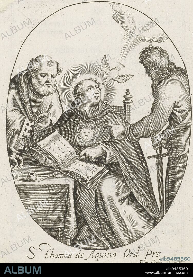 Saint Thomas Aquinas seated at a table in a study, talking with Saints Peter and Paul. On the verso a prayer card for Joannes Petrus Josephus Gillis, died in Antwerp in 1848, St. Thomas Aquinas with Peter and Paul, publisher: Joannes Galle, (mentioned on object), print maker: anonymous, Antwerp, 1626 - 1676 and/or 1848, paper, engraving, letterpress printing, h 95 mm × w 70 mm.