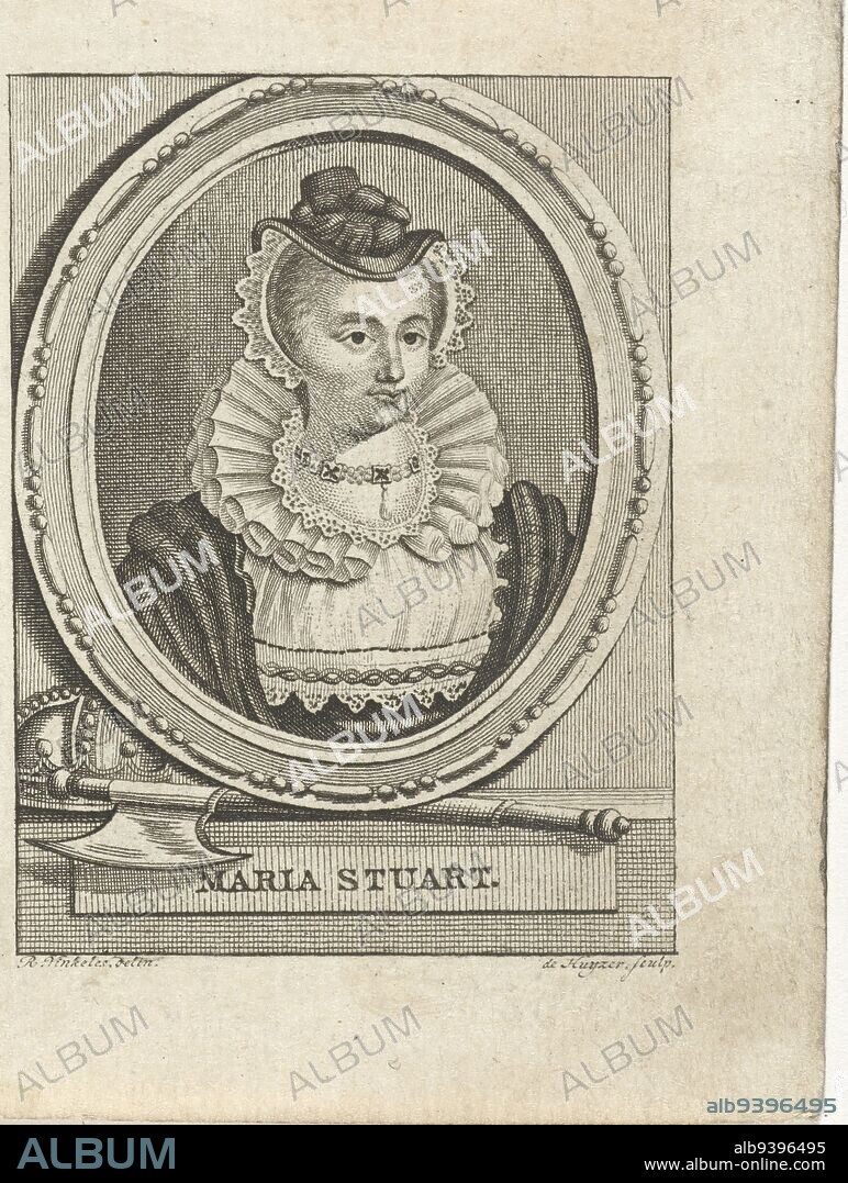 Portrait of Queen Mary I Stuart, of Scotland, Carel Jacob de Huyser, after Reinier Vinkeles (I), 1763 - 1804, Bust of Mary I Stuart, Queen of Scotland, to the right in oval frame. Below the frame an axe and crown., print maker: Carel Jacob de Huyser, (mentioned on object), intermediary draughtsman: Reinier Vinkeles (I), (mentioned on object), Amsterdam, 1763 - 1804, paper, etching, engraving, h 97 mm × w 79 mm.
