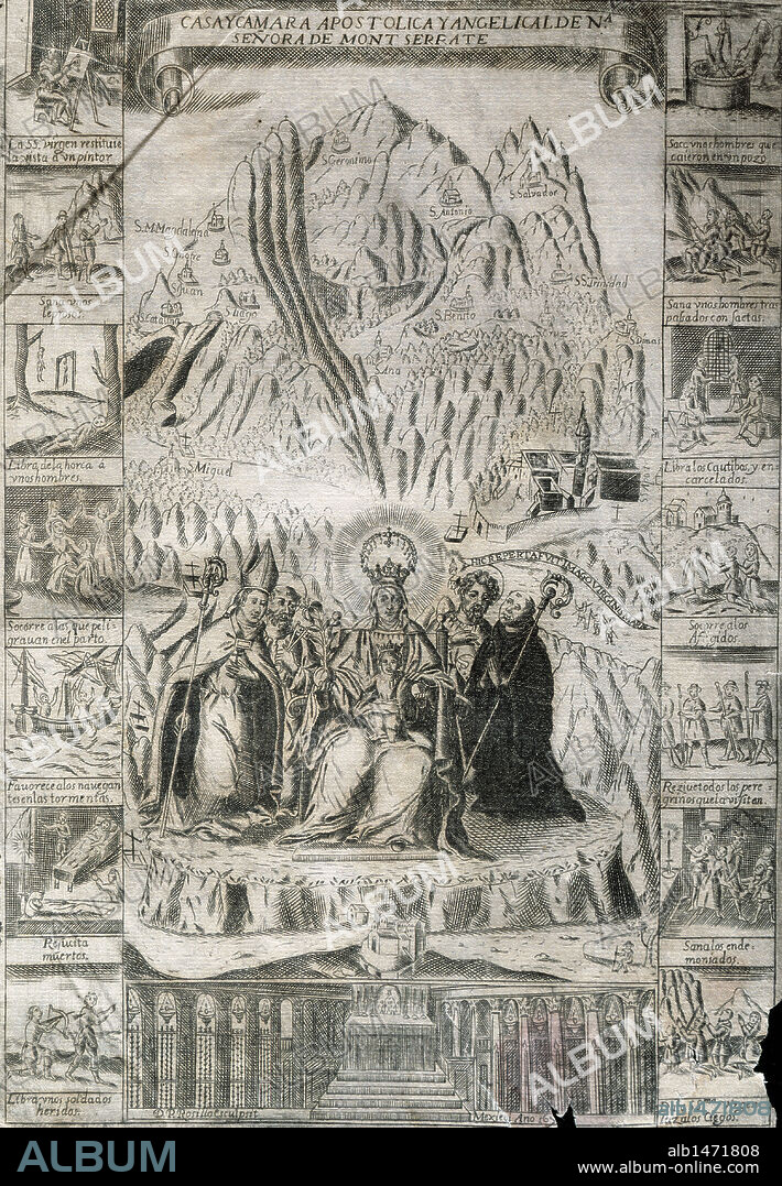 "CASA Y CAMARA APOSTOLICA Y ANGELICAL DE NUESTRA SEÑORA DE MONTSERRAT". Grabado de la obra "LA PERLA DE CATALUÑA" del año 1677 con DIVERSOS MILAGROS DE LA VIRGEN DE MONTSERRAT.