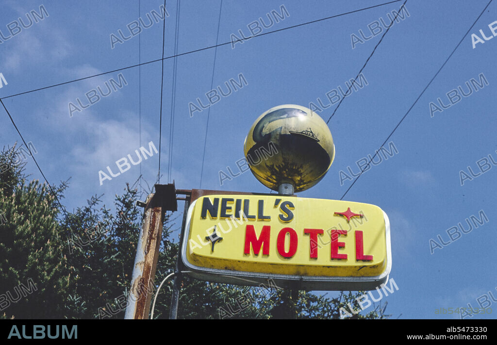 1980s United States -  Neill's Motel sign, Route 99, Junction City, Oregon 1980.