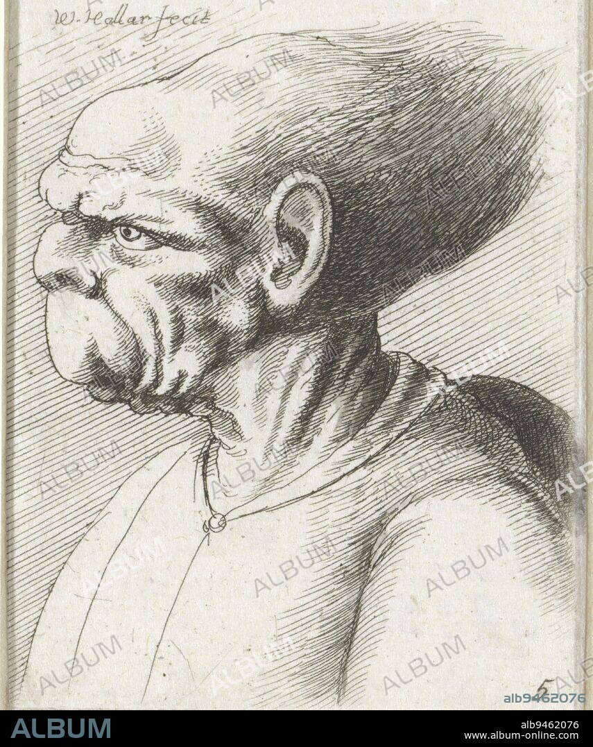 Deformed male head Varie figurae et probae (title series) Caricatures, heads and deformities after Leonardo da Vinci (title series), print maker: Wenceslaus Hollar, (mentioned on object), intermediary draughtsman: Leonardo da Vinci, Antwerp, 1645, paper, etching, h 72 mm - w 55 mm.