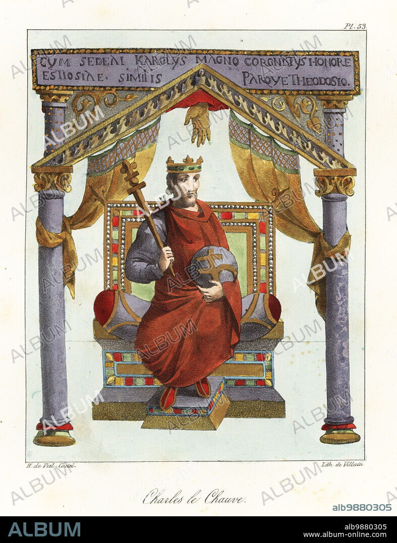 Charles , or Charles the Bald (823-877), 9th-century king of West Francia and Italy, emperor of the Carolingian Empire. On a throne under the Hand of God, with crown, sceptre and orb. Charles le Chauve. From an illuminated manuscript Psautier de Charles le Chauve, Bibliotheque nationale de France, Departement des Manuscrits. Handcoloured lithograph by Villain after an illustration by Horace de Viel-Castel from his Collection des costumes, armes et meubles pour servir à l'histoire de la France (Collection of costumes, weapons and furniture to be used in the history of France), Treuttel & Wurtz, Bossange, 1827.